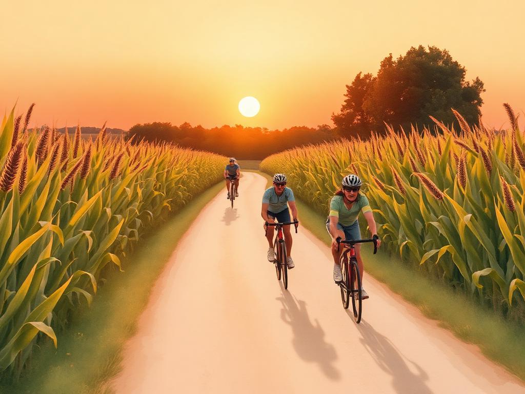 Cyclists riding through Iowa cornfields at sunset